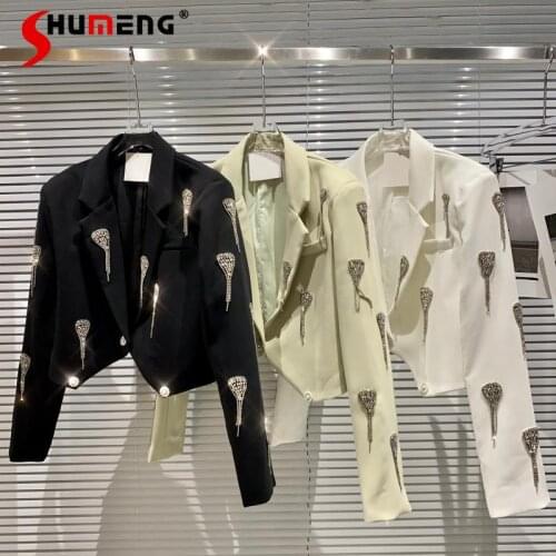 20201 Spring New Fashion Pure Color Short Jacket Womens Love Tassel Rhinestone Chain Short Suit Coat Female Blazer