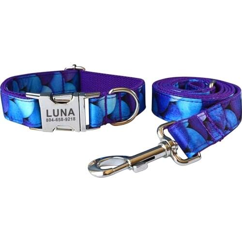 Personalized Dog Collar Customized Engraving Pet Collars ID Nameplate Tag Pet Accessory Blue Mermaid Puppy Collars Leash Set