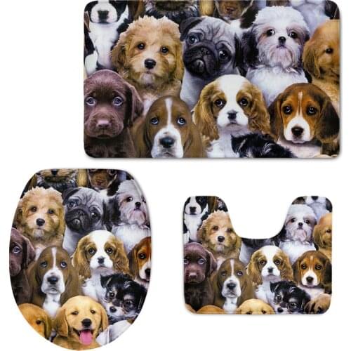 Kawaii Animal Dog Printing Shower Mat Home Bathroom Decoration Toilet Lid Cover Set Inodoro Rugs Anti Skid Bath Carpet 3Pcs Set