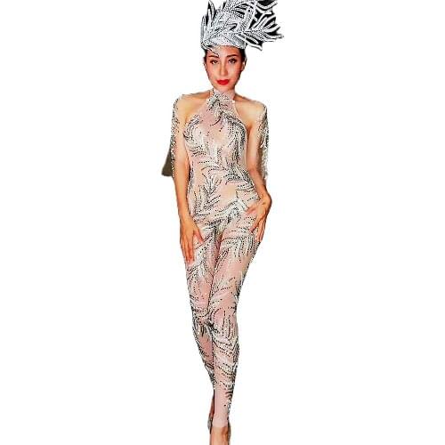 Mesh Gauze Rhinestones Jumpsuit Shawl Leaves Pattern Headwear Personality Performance Costume Ladies Perspective Dance Wear