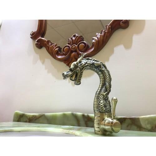 Antique brass Finish single hole /handle Dragon bathroom sink faucet mixer tap Pure Hand-Made Brass deck mounted