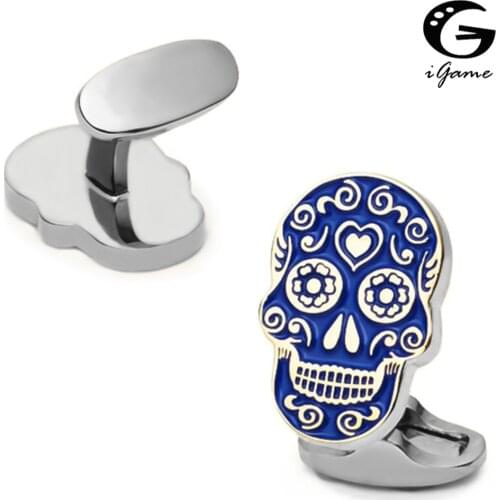 IGame New Arrival Skull Cuff Links Blue Painting Skeleton Dead Head Design Quality Brass Material Brand Cufflinks Free Shipping