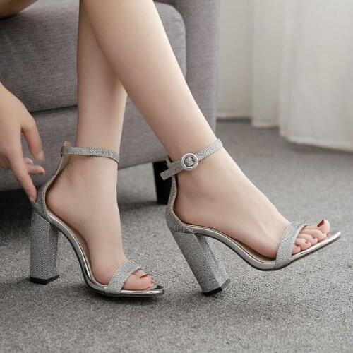 Women sandals PU Sequined Cloth Buckle Strap 11.5CM Square heel High heels Round Toe Bling Shallow women sandals size 35-42