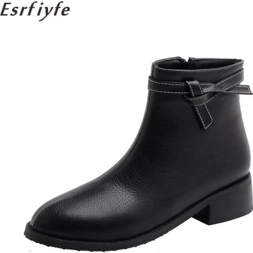 ESRFIYFE 2020 New Ankle Boots Women Brand PU Leather Thick Heel Round Toe Ankle Bootie Autumn Winter Shoes Handmade Large Size
