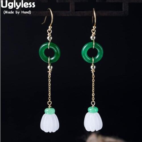 Uglyless 100% Real 925 Sterling Silver Natural Jade Buttons Earrings for Women Handmade Gemstone Pumpkin Dangle Earrings Gold