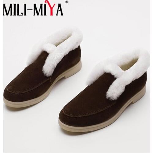 MILI-MIYA New Style Cow Suede Woman Snow Boots Comfortable Flat Warm Natural Fur Wool Winter Fashion Round Toe Shoes Apricot