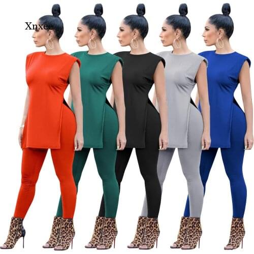 Sexy Two Pieces Set Shoulder Pads Sleeveless O Neck Women Summer Streetwear Fashion High Split T-Shirt Skinny Pencil Pant Suit