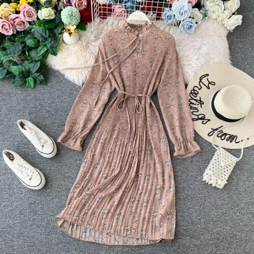 2020 Spring Pleated Chiffon Floral Dress Female Ruffled Long Sleeve Lace up belt Long Dress Elegant Lady Party Evening Vestidos