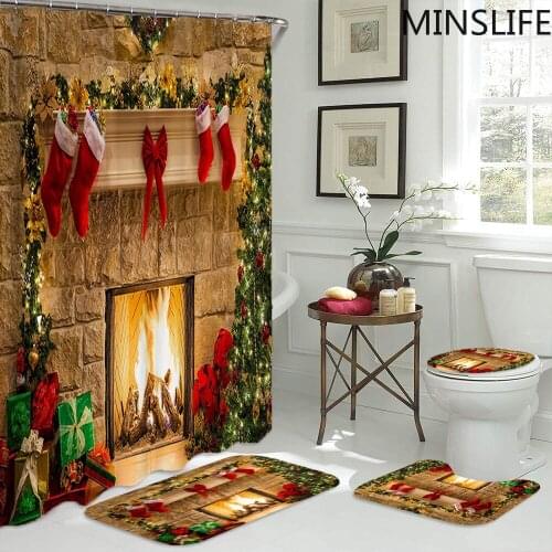 3D Merry Christmas Tree Red Sock Fireplace Pattern Waterproof Shower Curtain Non-slip Carpet Bath Mat Rug Set Bathroom Decor