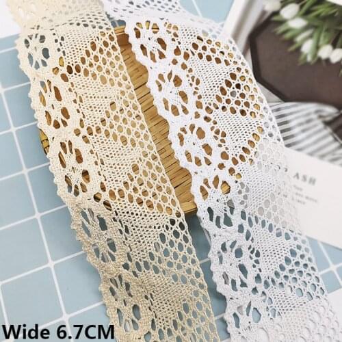 6.7CM Wide White Beige Cotton Embroidered Lace Fabric Ribbon Handmade DIY Apparel Tablecloth Placemat Edge Trim DIY Sewing Decor