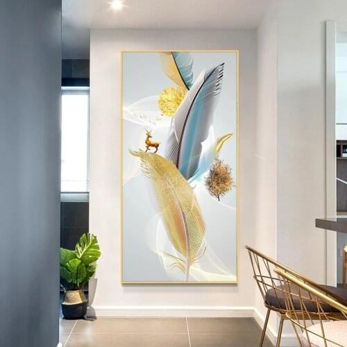 Golden Feather Yellow Deer Abstract Art on Canvas Print Painting Nordic Poster Wall Art Picture for Living Room Home Decoration