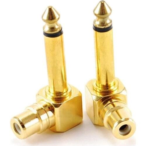 2-PACK RCA Female Jack to 1/4 inch Mono Male Plug Right Angle Audio Adapter gold for converting a RCA plug into a 6.35mm