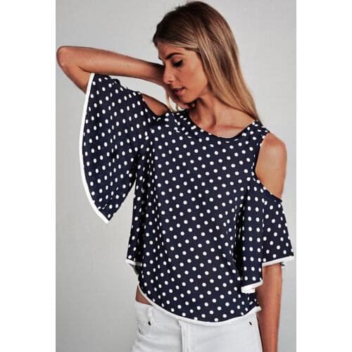 2018 new arrival Women Tops Casual O-Neck cold shoulder flare sleeve Blouses Spring Summer fashion female Polka Dots Shirts