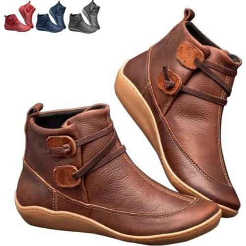 Ankle Boots Women PU Leather Womens Winter Cross Strap Vintage Plush Punk Warm Short Boots Flat Ladies Shoes Woman All Season 4