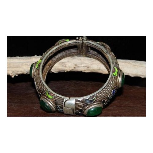 Bracelet de chine ancien cloisonné tibétain | En argent, incrusté, avec bracelet en jadeite et greenstone