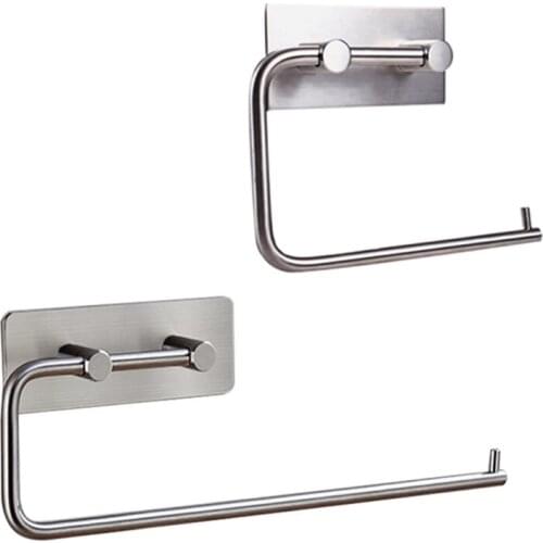 Toilet Paper Punch-free Holder Self Adhesive Stainless Steel Storage Bathroom Kitchen Paper Towel Stick Rotating Rod Tissue