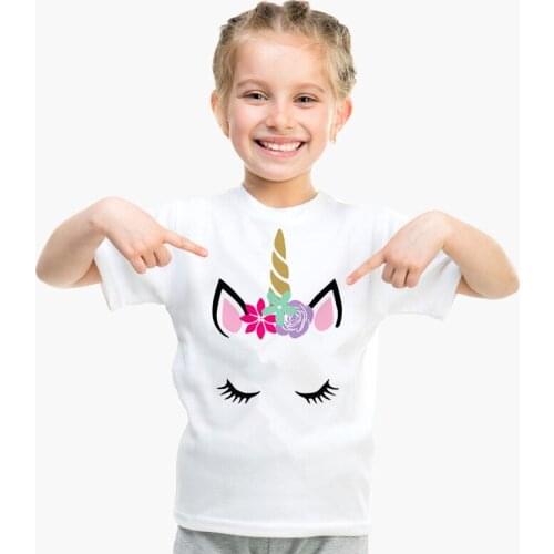 Childrens Unicorn Funny Printing Tee Shirts Boy and Girl Summer Short Sleeve T-shirts Kids Casual Tops Tees White Girl Clothes