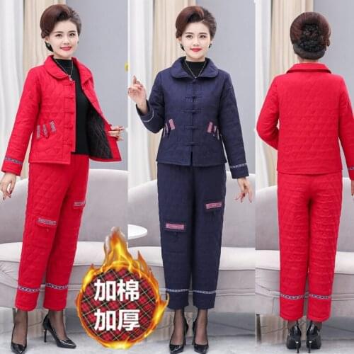 Cotton And Linen Ethnic Suit Female Mother New Autumn And Winter Quilted Warmth Lapel Retro Embroidered Two-Piece Set s1222