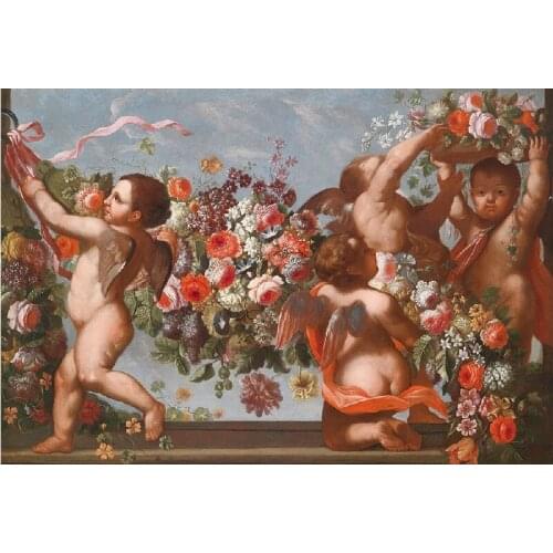 Classical art painting print on canvas art picture of little angels are arranging party with flowers wedding gift wall decor art