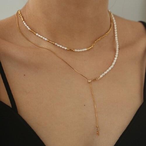 New Gold Plated Necklace Jewelry Charms Star Adjustable Chain Necklace Freshwater Pearl Snake Chain Y Necklace For Women Girl