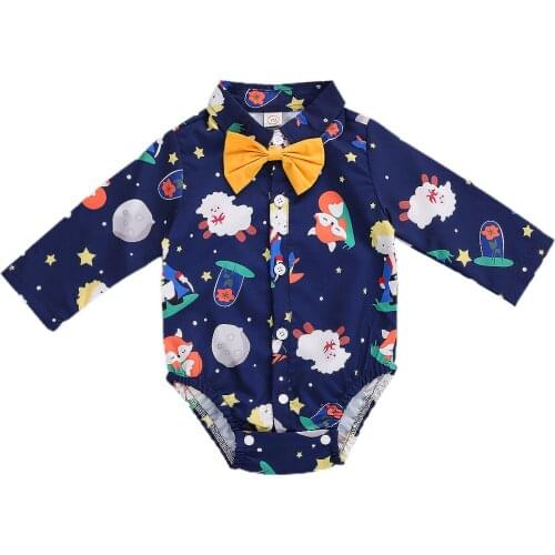 2020 Newborn Baby Boys Clothing Infant Long Sleeve Turn-down Collar Romper Kids Bow Tie Single-breasted Shirt Toddler 0-18M