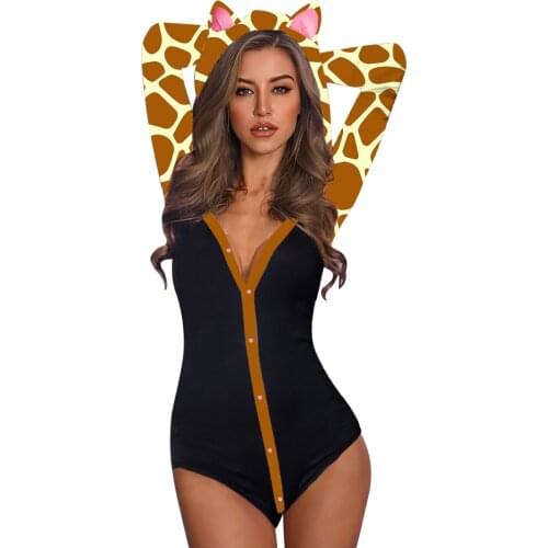Adults Jumpsuit For Women New Button Animal Print Ear Hooded Jumpsuit Tops 2021 Fashion Sexy Bodysuit Romper Комбинезон Женский