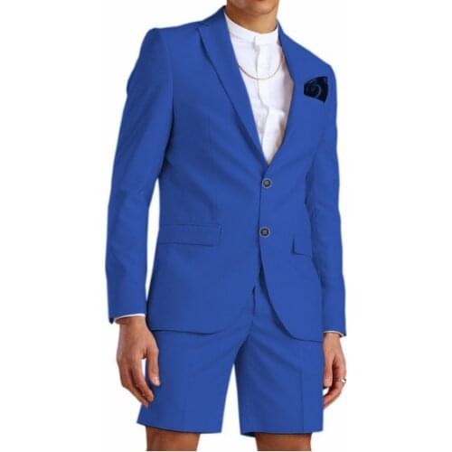 Casual Summer Royal Blue Mens Suit Short Pant Suits 2 Piece Tuxedo Groom Beach Wedding Dress Costume Homme Mariage(Blazer+Pant)
