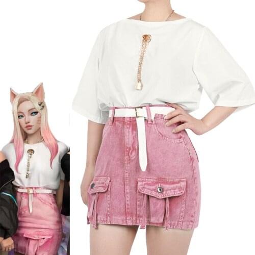 Game LOL KDA Ahri Cosplay Costumes T-shirt Shorts Uniforms Suits The Baddest Ahri Sexy Costume Wig For Women GIrls Halloween