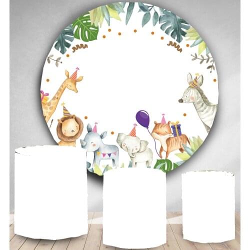 Round Panel circle background watercolor Jungle animal leaves Birthday party decor baby shower candy dessert table banner