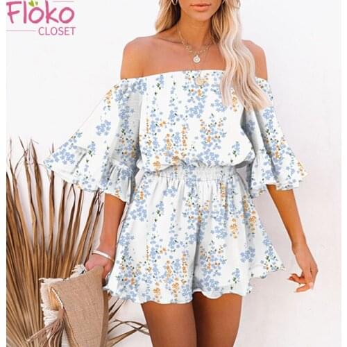 Flokocloset Summer Blue Dreamy Jumpsuit Short Sleeves Cute Ruffle Striped Floral Print Romper Playsuit Sweet Outfits