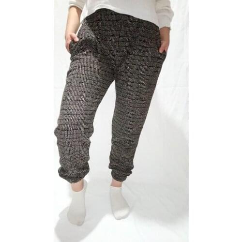 Modoo kış kadın moda ekose desenli örme jogger yüksek bel kaliteli kumaş