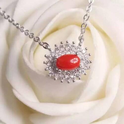 Natural precious coral Necklace natural red gemstone Pendant Necklace S925 silver Fashion Elegant round women wedding Jewelry