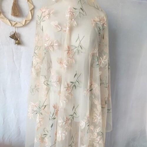 New Flower Leaf Embroidery Lace Fabric Apricot Mesh Fabric For Dress DIY fabric,By The Meter