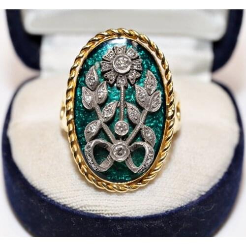 Antique Style 18k Gold New Made Natural Diamond Decorated Enamel Strong Ring