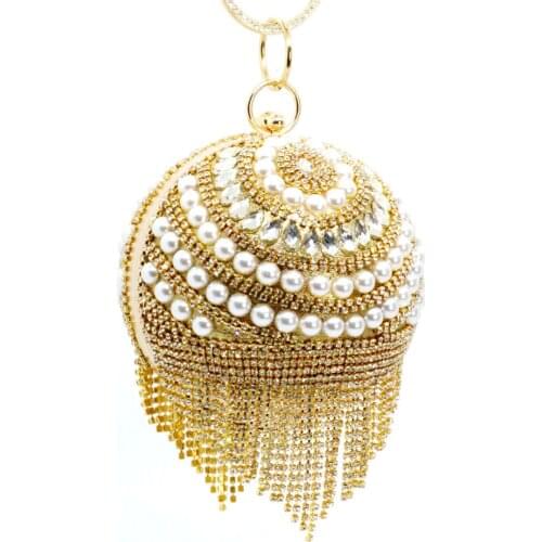 New Round Ball Silver Evening Bags Women Luxury Crystal Day Clutch Circular Chain Elegant Wedding Tassels Ring Wristlet Purse