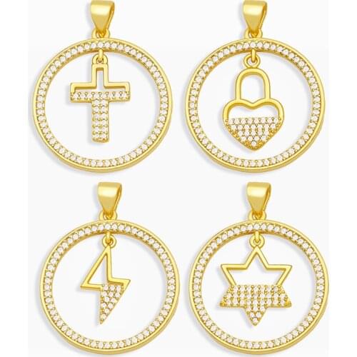 OCESRIO Brass CZ Stone Small Pendants for Women Jewelry Making Gold Round Dangle Mini Cross Necklace Charms for Jewelry pdta277