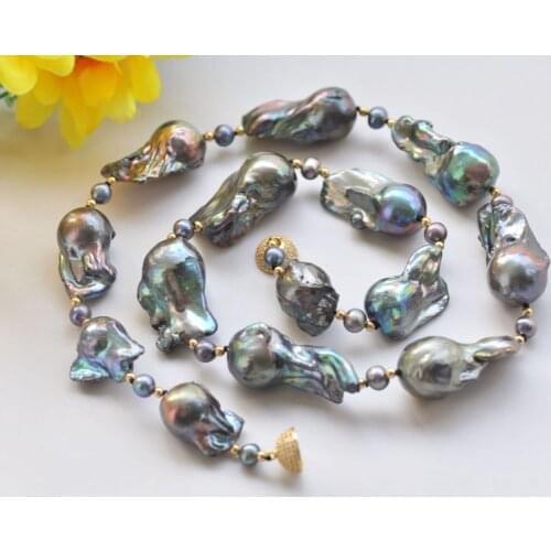 P7332 Huge 24" 35mm Peacock-Black Baroque Keshi Pearl Bead Choker Necklace Diamond Ball