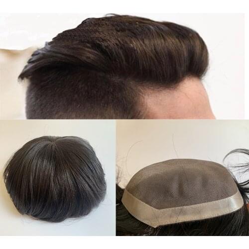 Toupee for men Hair pieces for Mono human hair toupee men hair piece Poly Skin Around Hair System Durable #2 Color In Stock