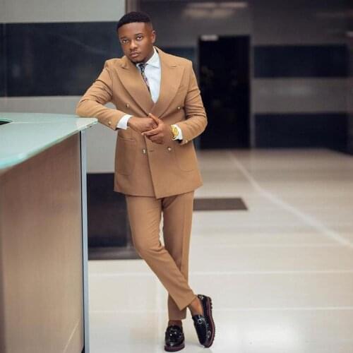 Khaki Slim Fit Men Suits for Wedding Groom Tuxedos Peaked Lapel Double Breasted Formal Business Suit 2 Pieces (Jacket+Pants)