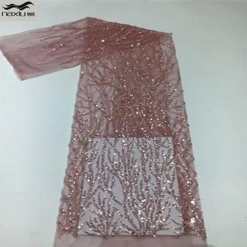 Madison Luxury Beads Lace Handmade Fabric French Wedding Dress Latest Nigeria Cotton Embroidery Pink Good Price With Sequins