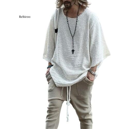 Shirts Men 2021 Spring New Mens Hollow Out Linen Shirt Male Sexy Deep o Neck Shirts Casual Solid Color Pullovers Loose Tops