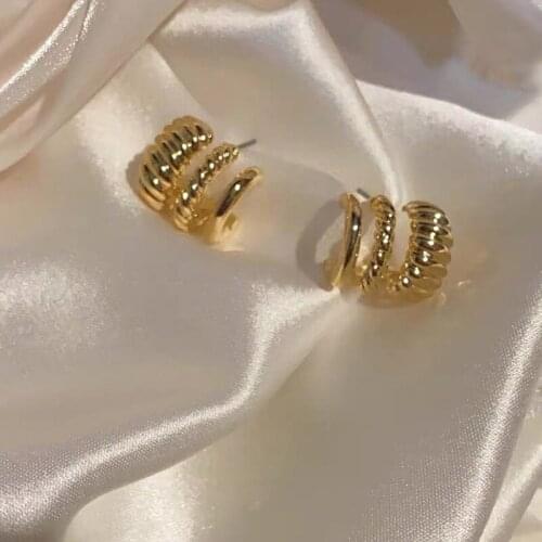 SRCOI Vintage Multi-Layer Twisted Metal Earring Simple Geometric C-Shaped Small Stud Earring Women Party Temperament Jewelry