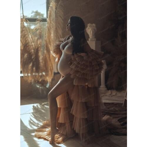 Gorgeous Soft Tulle Maternity Robes for Photography Puffy Tiered Sexy Open Front Summer Pregnant Dresses with Sash Party Gowns