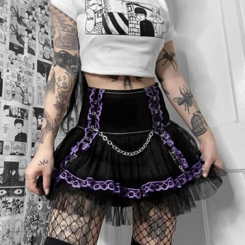 Gothic Purple Lolita Skirt Y2K Harajuku Sexy High Waist Lace Mini Skirts Mall Goth Punk Chain E Girl Skirts Streetwear