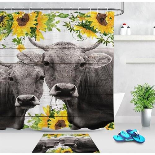 Sunflower Cattle Cow Print Shower Curtains Waterproof Polyester Fabric Home Bathroom Decor Shower Curtain with 12 Hooks