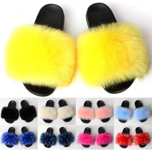 Fur Slippers Women Fox Fur Slides Home Furry Flat Sandals Female Cute Fluffy House Shoes Woman Brand Luxury 2021