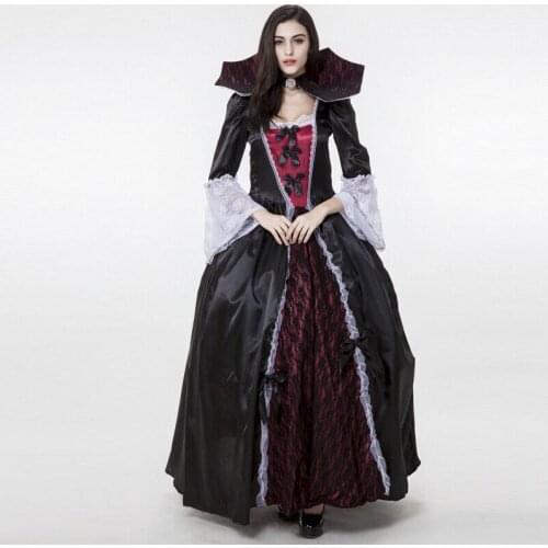 Ladies Gothic Halloween Versailles Vampire Costume Dark Black Full Length Ball Gown Lace Dress With High Stand Collar For Women
