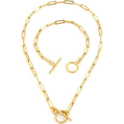Women Basic DIY Thin Necklace 4mm flat wire OT buckle Toggle Long O chain Gold color Stainless steel collares Boho Collier