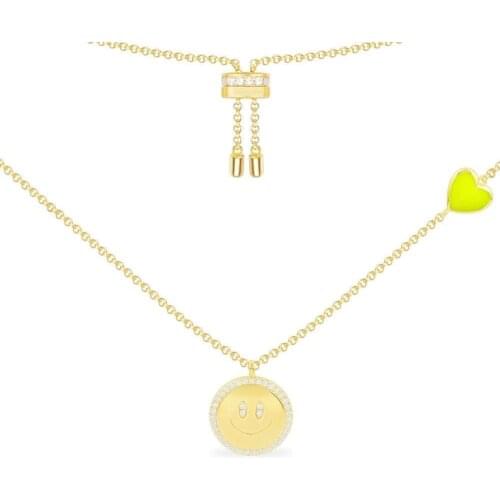 SOELLE Fashion S925 Sterling Silver Neon Yellow Heart Happy Face Pendant Gold Color Adjustable Necklace Women Fine Brand Jewelry