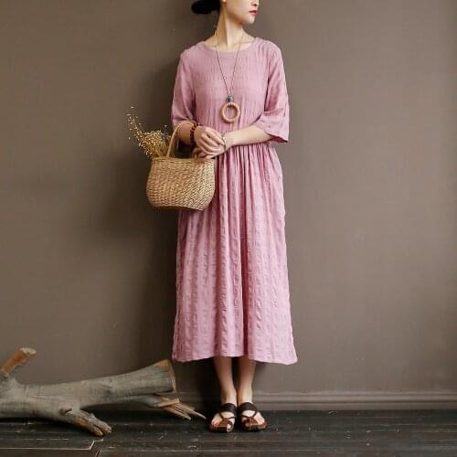 Women Loose Cotton Calf Length Dress Ladies Vintage Summer Soft Dress Female 2019 High Waist Half Sleeve Retro Dresses
